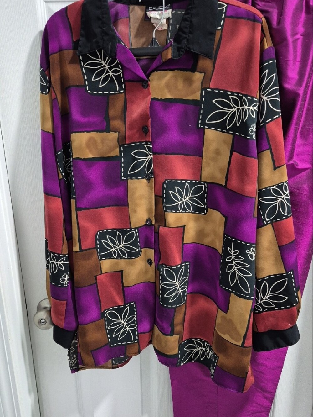 Casual Patchwork Satin Top- Purple Multi And Matching Valerie Stevens Slacks - Picture 2 of 4